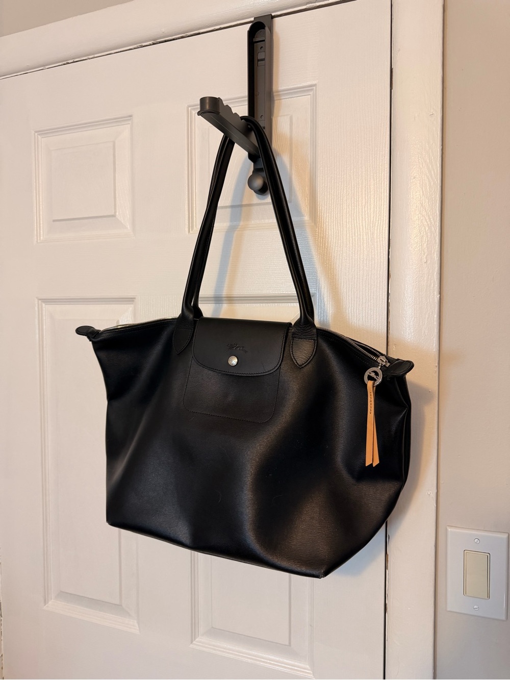 Longchamp Black Leather Tote with Tan Accent